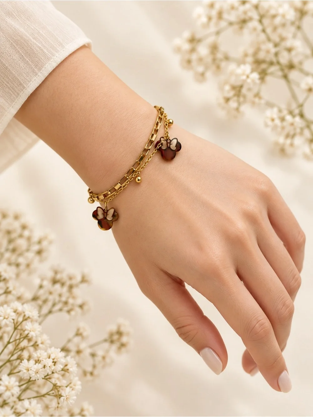 Gold Tone Bracelet with Brown Flower Charms steel 316L